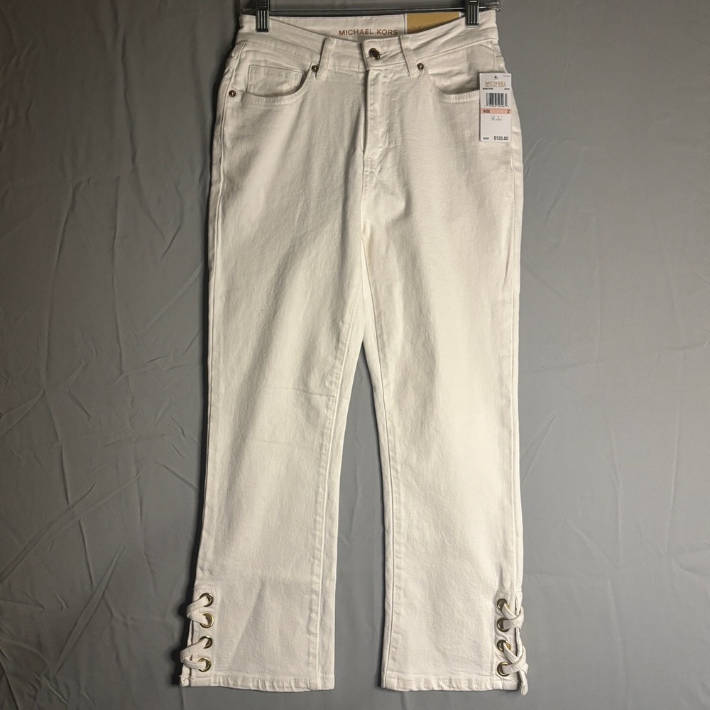Michael Kors Women's Cream Cropped Flare Jeans with Lace-Up Hem